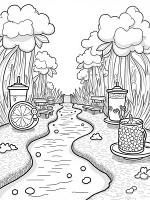 Boba Tea Garden with Oversized Cups and Fruit Benches