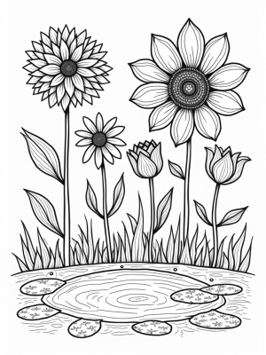 Whimsical Garden with Spiral Sunflower and Mandala Daisies
