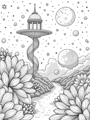 Cosmic Garden with Nebula Flowers and Crystalline Planet