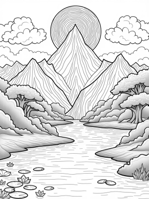 Majestic Mountain Sunrise with Whimsical Waterfalls