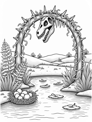 Dinosaur Skeleton Archway with Vines and a Tranquil Pond