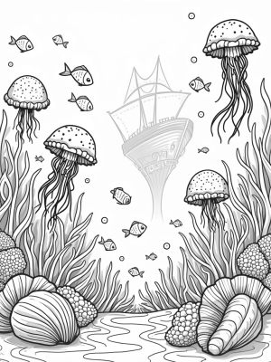 Underwater Garden with Jellyfish and a Sunken Ship