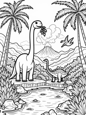 Brontosaurus and Pterodactyls in a Prehistoric Jungle