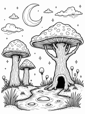 Enchanted Forest Glade with Giant Mushrooms and a Magical Tree