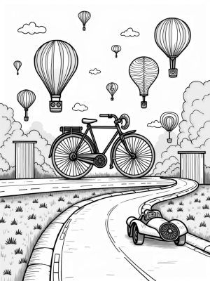 Gigantic Bicycle and Vintage Hot Air Balloons in a Cityscape