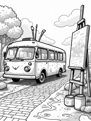 Vintage Bus Art Studio on a Colorful Street