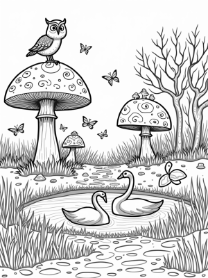 Oversized Mushrooms and a Wise Owl in a Magical Forest
