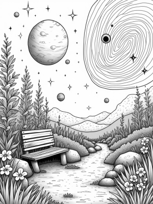 Cosmic Garden with Blooming Planets and a Crescent Moon