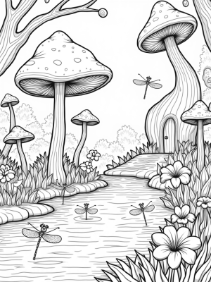 Enchanted Forest with Towering Mushrooms and Crystal Pond