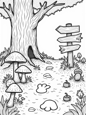 Mossy Forest Floor with Vibrant Mushrooms and Paw Prints