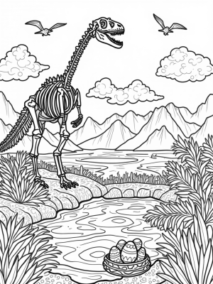 Dinosaur Skeleton Over Lava Pool