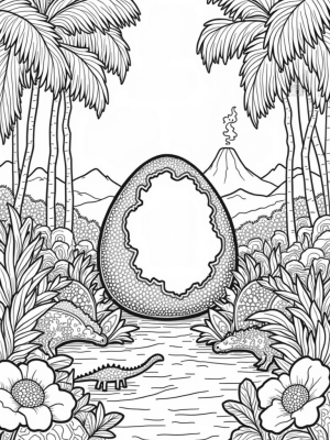 Prehistoric Jungle with Tiny Dinosaurs and a Cracked Egg
