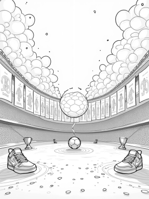 Colorful Stadium with Giant Soccer Ball and Sneaker Statues