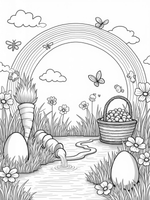Giant Carrot Fountain in a Garden of Colorful Eggs
