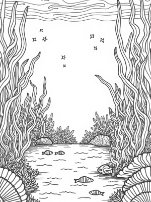 Underwater Garden with Swirling Seaweed and Coral