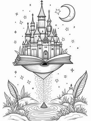 Floating Castle of Books with Inky River and Lanterns