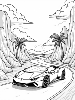 Lamborghini on a Winding Road Through Abstract Mountains