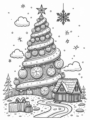 Christmas Tree with Colorful Ornaments and Candy Cane River