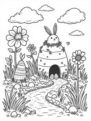 Oversized Flowers and Colorful Eggs in a Garden