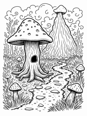 Twisted Forest with Mushroom Caps and a Gnarled Tree