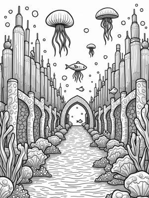 Underwater City with Coral Skyscrapers and Swimming Sharks