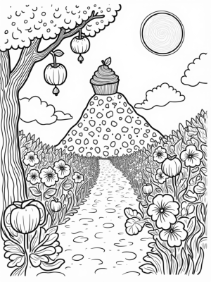 Giant Cupcake Mountain in a Fruity Orchard