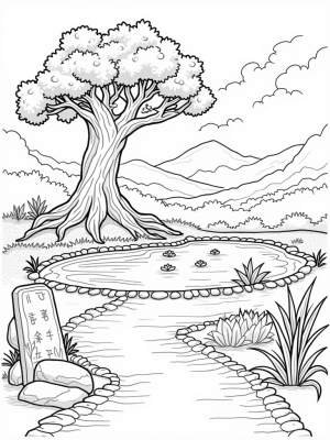 Tranquil Garden with a Colossal Tree