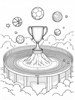 Floating Sports Arena with Giant Trophies and Ribbons