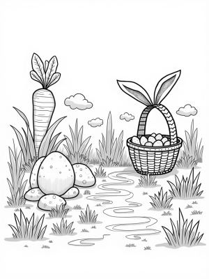 Colorful Easter Eggs and Bunny Ears in a Garden