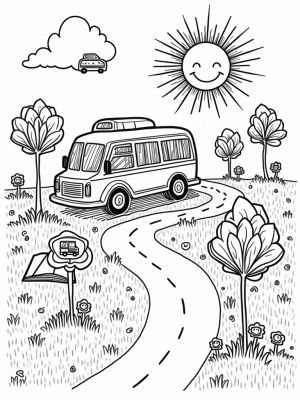 Flower-Shaped Bus with Giant Books and Whimsical Trees