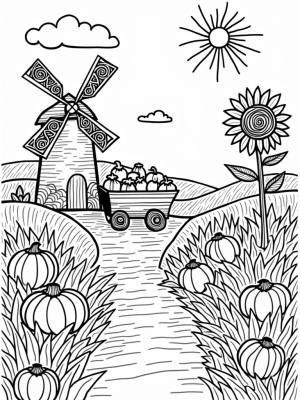 Patchwork Farm with Windmill and Crops
