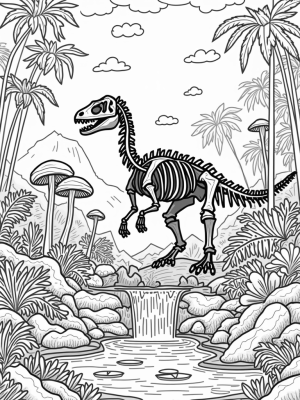 Dinosaur Skeleton in a Prehistoric Jungle