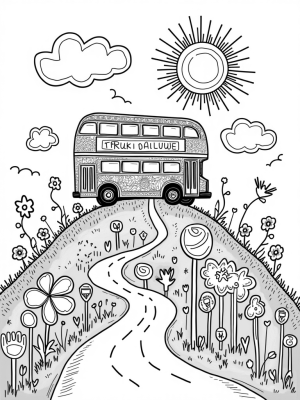 Colorful Double-Decker Bus on a Flower Hill