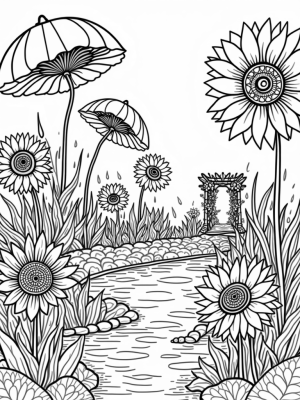 Giant Umbrella Flowers and a Serene Pond