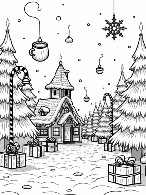 Cozy Winter Village with Gingerbread House and Candy Canes