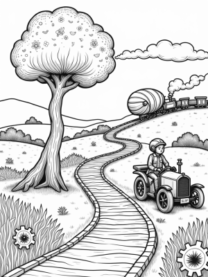 Steam-Powered Bicycle and Vintage Car in a Whimsical Landscape
