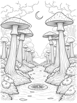 Enchanted Forest with Mushroom Archway and Starry River