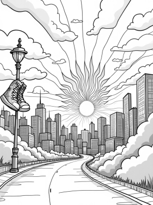 Whimsical City Skyline with Spider Symbol and Sneakers