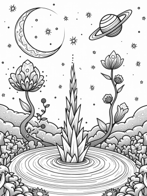 Cosmic Garden with Blooming Planets and Stardust Fountain