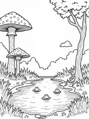Tranquil Forest Glade with Colorful Mushrooms and Floating Lanterns
