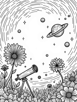 Cosmic Garden with Blooming Planets and a Giant Telescope