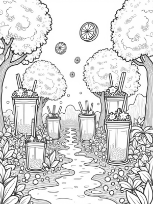 Boba Tea Garden with Colorful Cups and Fruity Shadows