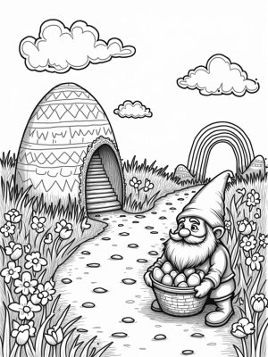 Gnome's Meadow of Colorful Eggs and Bunny Clouds