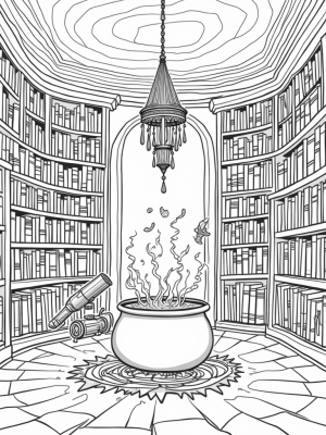 Magical Wizarding Library with Floating Quills and a Bubbling Cauldron