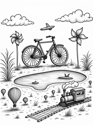 Giant Vintage Bicycle with Pinwheel Wheels and Colorful Balloons