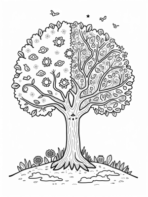 Seasonal Tree with Blossoms, Fruits, Leaves, and Crystals