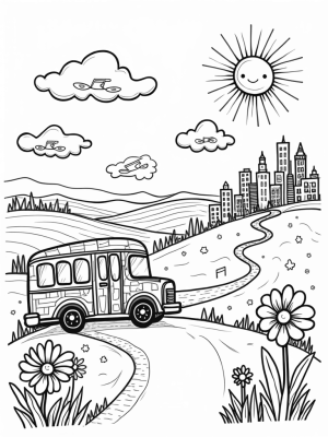 Patchwork Bus on a Hilltop with Flowers and a Smiling Sun