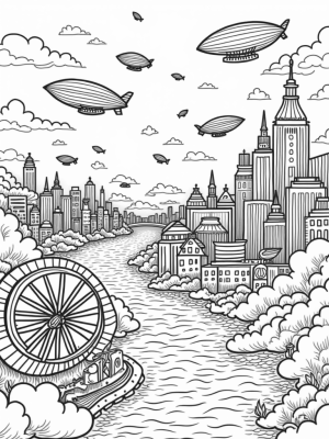 Sky City with Airships and Vintage Car Buildings