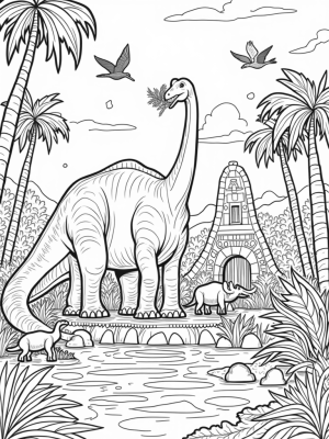 Prehistoric Jungle with Brontosaurus and Pterodactyls