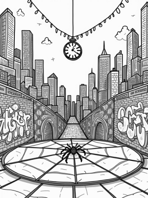 Cityscape with Spider Clock and Webs